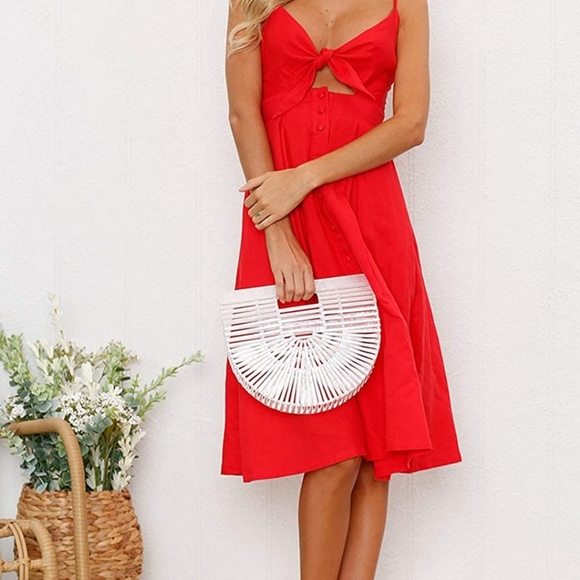 Women Dress  Tie Front V-Neck Spaghetti Strap Button Down - Picture 6 of 16